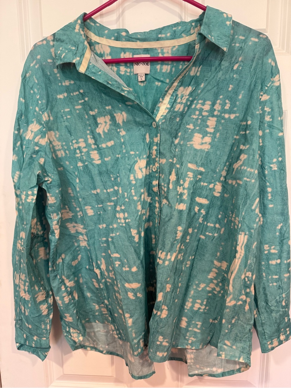 NIC+ZOE Teal and Cream Tie-Dye Blouse